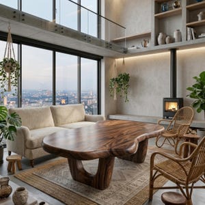 Puede incluir: Un sal&oacute;n moderno con una gran mesa de centro de madera de forma &uacute;nica como punto focal. Un sof&aacute; beige, sillas de mimbre y una chimenea crean un ambiente acogedor. Plantas colgantes y grandes ventanales ofrecen vistas a la ciudad.