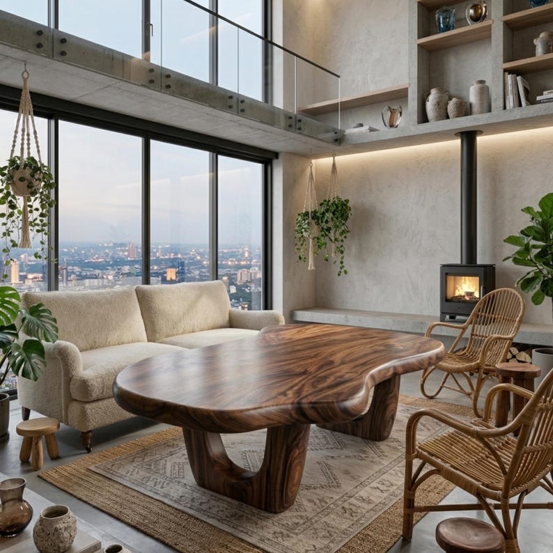 Puede incluir: Un sal&oacute;n moderno con una gran mesa de centro de madera de forma &uacute;nica como punto focal. Un sof&aacute; beige, sillas de mimbre y una chimenea crean un ambiente acogedor. Plantas colgantes y grandes ventanales ofrecen vistas a la ciudad.