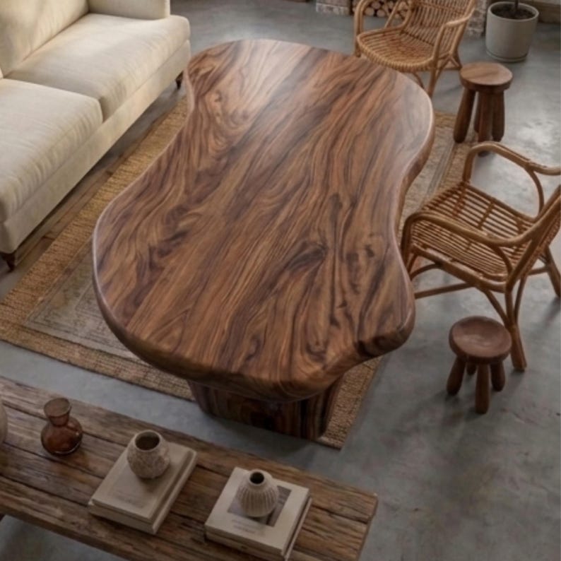 Puede incluir: Una gran mesa de centro de madera de forma org&aacute;nica con un rico acabado marr&oacute;n oscuro. La mesa est&aacute; sostenida por una base s&oacute;lida y se asienta sobre una alfombra tejida. La habitaci&oacute;n tambi&eacute;n cuenta con sillas de mimbre, peque&ntilde;os taburetes de madera y un sof&aacute;.