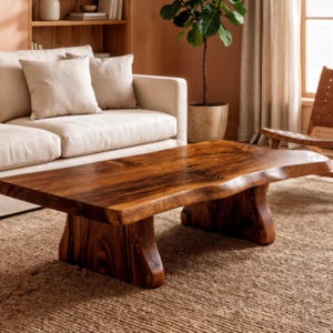May include: A low-profile coffee table crafted from a single slab of dark brown wood with a natural live edge. The table features a smooth, polished surface showcasing prominent wood grain patterns and is supported by two thick, curved wooden legs.