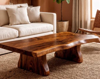 Mesa de centro artesanal de madera maciza con borde natural - Mesa de centro rústica de madera natural para sala de estar - Muebles minimalistas orgánicos