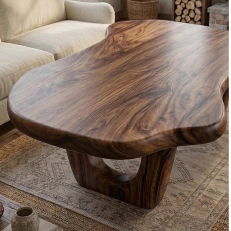 Puede incluir: Una mesa de centro de madera maciza con una forma org&aacute;nica &uacute;nica. La mesa tiene un acabado marr&oacute;n oscuro intenso con vetas de madera visibles. La base presenta un dise&ntilde;o curvo distintivo. La mesa es un punto focal en un sal&oacute;n.
