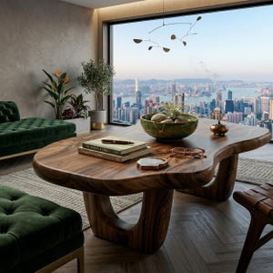Puede incluir: Un sal&oacute;n moderno con una gran mesa de centro de madera de forma org&aacute;nica. La mesa tiene libros, un cuenco decorativo y gafas. Se ve un sof&aacute; y un otom&aacute;n de terciopelo verde, junto con plantas y una vista de la ciudad a trav&eacute;s de una gran ventana.