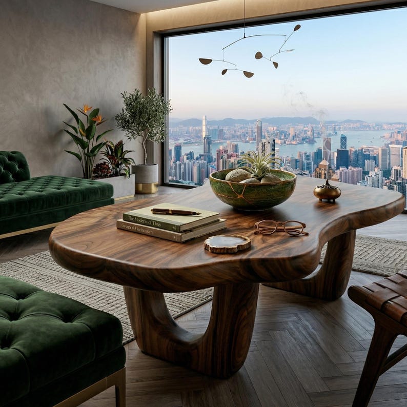 Puede incluir: Un sal&oacute;n moderno con una gran mesa de centro de madera de forma org&aacute;nica. La mesa tiene libros, un cuenco decorativo y gafas. Se ve un sof&aacute; y un otom&aacute;n de terciopelo verde, junto con plantas y una vista de la ciudad a trav&eacute;s de una gran ventana.