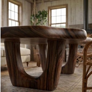 Puede incluir: Una mesa grande de madera marr&oacute;n oscuro con un dise&ntilde;o de patas curvadas &uacute;nico. La mesa tiene una parte superior rectangular lisa y est&aacute; hecha de madera con un patr&oacute;n de vetas prominente. Las patas son gruesas y resistentes, proporcionando una base s&oacute;lida.