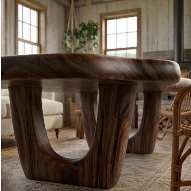 Puede incluir: Una mesa grande de madera marr&oacute;n oscuro con un dise&ntilde;o de patas curvadas &uacute;nico. La mesa tiene una parte superior rectangular lisa y est&aacute; hecha de madera con un patr&oacute;n de vetas prominente. Las patas son gruesas y resistentes, proporcionando una base s&oacute;lida.