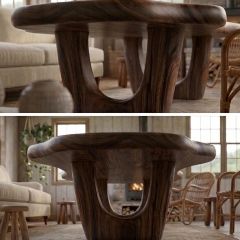 Puede incluir: Una mesa de centro de madera de gran tama&ntilde;o y dise&ntilde;o &uacute;nico. La mesa presenta una parte superior redondeada y cuatro patas curvas y robustas con espacios abiertos. La veta de la madera es visible, mostrando un color marr&oacute;n natural y c&aacute;lido. La mesa es una pieza central para una sala de estar.