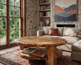 Puede incluir: Una mesa de centro redonda de madera con borde natural y un estante inferior. La mesa presenta una superficie gruesa con veta de madera orgánica y patas cilíndricas resistentes. Tres libros están apilados en el estante inferior circular.