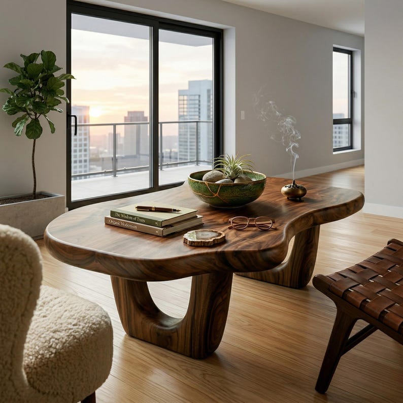 Puede incluir: Una mesa de centro de madera grande, de forma org&aacute;nica, con un acabado oscuro y rico. La mesa presenta un dise&ntilde;o &uacute;nico y fluido y se combina con un cuenco verde, libros y un peque&ntilde;o objeto decorativo. La mesa mide aproximadamente 152 cm de largo.