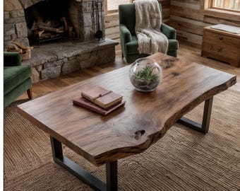 May include: A rectangular coffee table featuring a natural live-edge wood slab top with visible grain and knots, supported by two black metal U-shaped legs. A clear glass bowl containing a green succulent and two stacked notebooks sit on top.