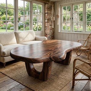May include: A large, organically shaped wooden coffee table with a rich, dark brown finish. The table has a unique, flowing design with curved edges and sturdy, sculptural legs. It sits on a woven jute rug in a sunlit room with a sofa and wicker chairs.