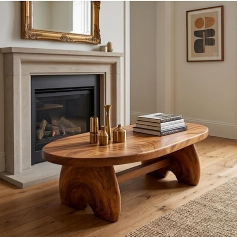 K&ouml;nnte beinhalten: Ein ovaler Couchtisch aus Holz mit nat&uuml;rlicher Maserung und zwei geschwungenen Beinen aus Massivholz. Auf der Tischoberfl&auml;che stehen drei kleine, goldfarbene Metallvasen in unterschiedlichen H&ouml;hen sowie ein Stapel aus vier gebundenen B&uuml;chern.