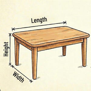 Puede incluir: Ilustraci&oacute;n de una mesa rectangular de madera con esquinas redondeadas. La imagen etiqueta las dimensiones: Longitud, Altura y Ancho. La mesa tiene cuatro patas y un acabado marr&oacute;n claro. El fondo es de color blanco roto.