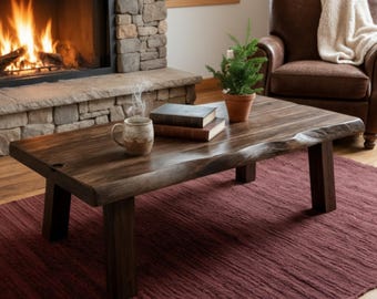 May include: A rectangular dark brown wooden coffee table with a natural live edge, four sturdy block legs, and a smooth surface. The table holds a ceramic mug with steam, two stacked hardcover books, and a small green potted plant in a terracotta pot.