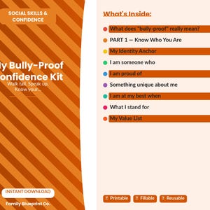 Könnte beinhalten: Ein digitaler Download mit dem Titel "My Bully-Proof Confidence Kit" mit dem Text: "Walk tall. Speak up. Know your..." Das Kit enthält Abschnitte zu Selbstidentität und Werten. Das Design zeigt orange diagonale Streifen und die Worte "Social Skills & Confidence."