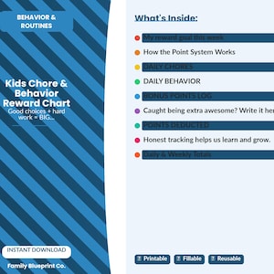 May include: A blue and white chore chart titled "Kids Chore & Behavior Reward Chart." The chart includes sections for daily chores, behavior, and reward goals. The chart is an instant download and is printable, fillable, and reusable.