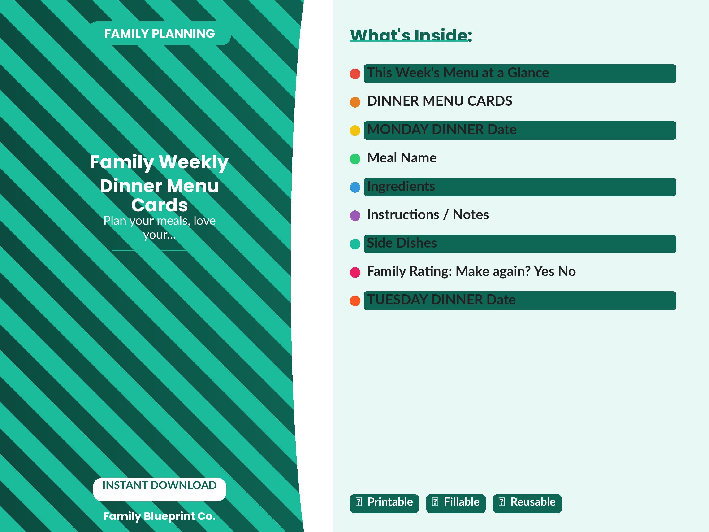 Family Weekly Meal Planner Printable | Dinner Planner | Grocery List ...