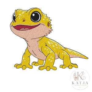May include: An embroidery design of a cartoon bearded dragon with bright yellow skin, white spots, and a light pink underbelly. The lizard has large black eyes, a wide smiling mouth with a red interior, and a textured appearance from stitching.
