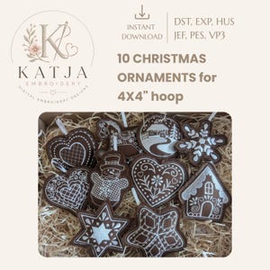 Puede incluir: Un conjunto de 10 adornos navideños de fieltro marrón con bordado blanco, incluyendo corazones, un muñeco de nieve, una casa, un copo de nieve, una estrella y un caballito. Texto: 10 CHRISTMAS ORNAMENTS for 4x4" hoop, INSTANT DOWNLOAD, DST, EXP, HUS, JEF, PES, VP3.