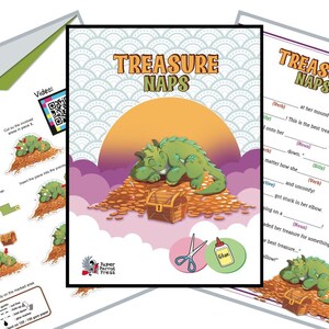 May include: A colorful illustration for a children's activity book titled "Treasure Naps." The image features a green dragon sleeping on a pile of gold coins, with a treasure chest nearby. The book includes instructions and a fill-in-the-blanks story.