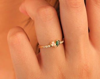 14K gouden peervormige geboortesteenring Toi et Moi, sierlijke gepersonaliseerde twee stenen geboortesteenring, aangepaste twee geboortesteen hartring, push aanwezig