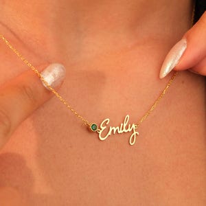 14K Gold Name Necklace with Birthstone, Personalized Nameplate Necklace, Custom Script Name Jewelry, Dainty Mother Day Gift, Gift for Her
