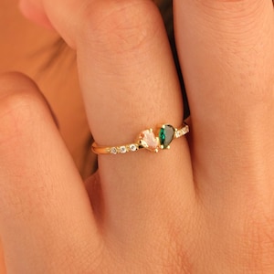 14K Gold Pear Cut Toi et Moi Birthstone Ring, Dainty Personalized Two Stone Birthstone Ring, Custom Two Birthstone Heart Ring, Push Present