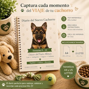 Diario del Nuevo Cachorro — Edición Pastor Alemán | Regalo Imprimible del Primer Cachorro | Logros y Salud | A4 + Carta