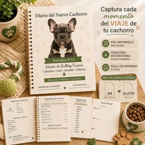 Diario del Nuevo Cachorro — Edición Bulldog Francés | Regalo Imprimible del Primer Cachorro | Logros y Salud | A4 + Carta