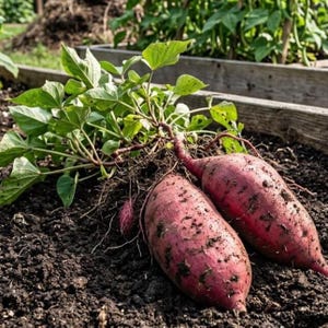 May include: Two freshly harvested sweet potatoes with reddish-purple skin rest in dark soil, connected to a vine with green leaves. The image shows a close-up of the sweet potatoes and the surrounding soil in a garden setting.