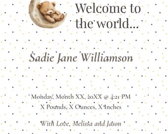 Personalized Digital Download:  Little Moon and Stars Theme Birth Announcement, Baby Announcements