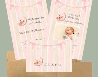 Descarga digital personalizada: Anuncio de nacimiento con temática de bebés en tonos rosados, anuncios de nacimiento para niñas.