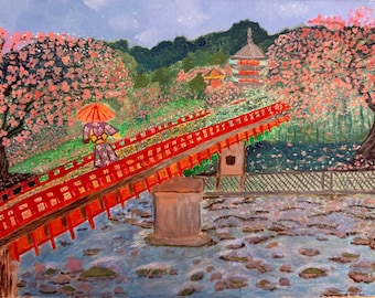 Japanese Bridge Original Acrylic Painting 9x11.5 in Cherry Blossom Garden Wall Art