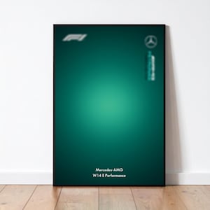 Puede incluir: Un póster enmarcado con un fondo degradado verde azulado. La esquina superior izquierda presenta un logotipo borroso de Fórmula 1, y la esquina superior derecha tiene un logotipo borroso de Mercedes-Benz. El texto "Mercedes-AMG W14 E Performance" está impreso en blanco en la parte inferior.