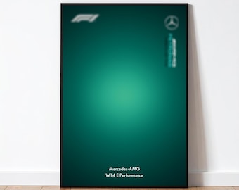 42171 Póster técnico de coche de carreras, arte mural estilo W14 color turquesa para coleccionistas de Technic, descarga digital de deportes de motor modernos de ruedas descubiertas