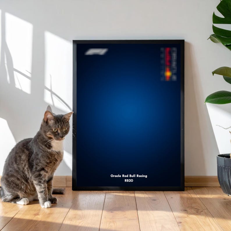 Puede incluir: Un p&oacute;ster enmarcado con un fondo degradado azul oscuro. El p&oacute;ster presenta el texto "Oracle Red Bull Racing RB20" en blanco. Un gato gris est&aacute; sentado a la izquierda del p&oacute;ster. El p&oacute;ster se exhibe sobre un suelo de madera.