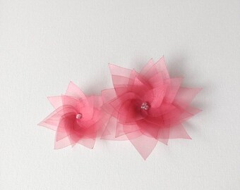 2 Handmade Candy Pink Organza Flowers Embellishment