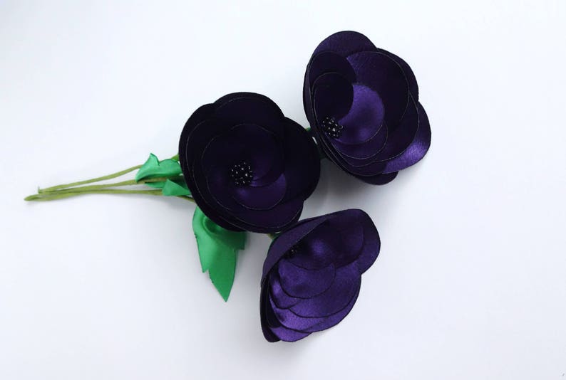 3 Eggplant Purple Fabric Flowers on Stems Bouquet Silk Etsy