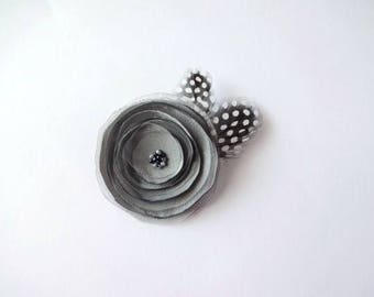 Handmade Gray Satin and Organza Flower Brooch with Feathers