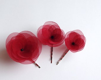 Set of 3 Red Handmade Organza Poppies Hair Pins