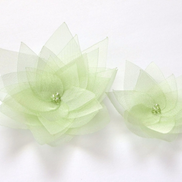 2 Pale Green Organza Flowers Embellishment