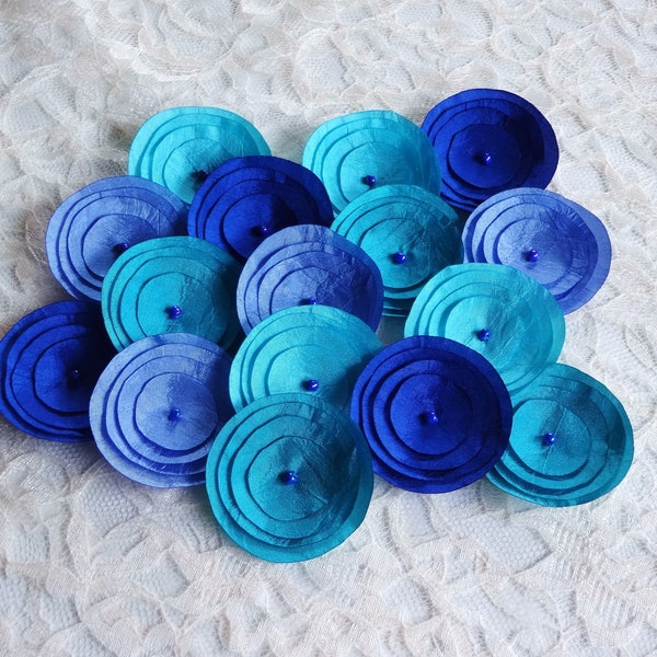 Handmade Shades of Blues Silk Fabric Poppies Embellishment