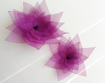 2 Handmade Magenta Organza Fabric Flowers Embellishment