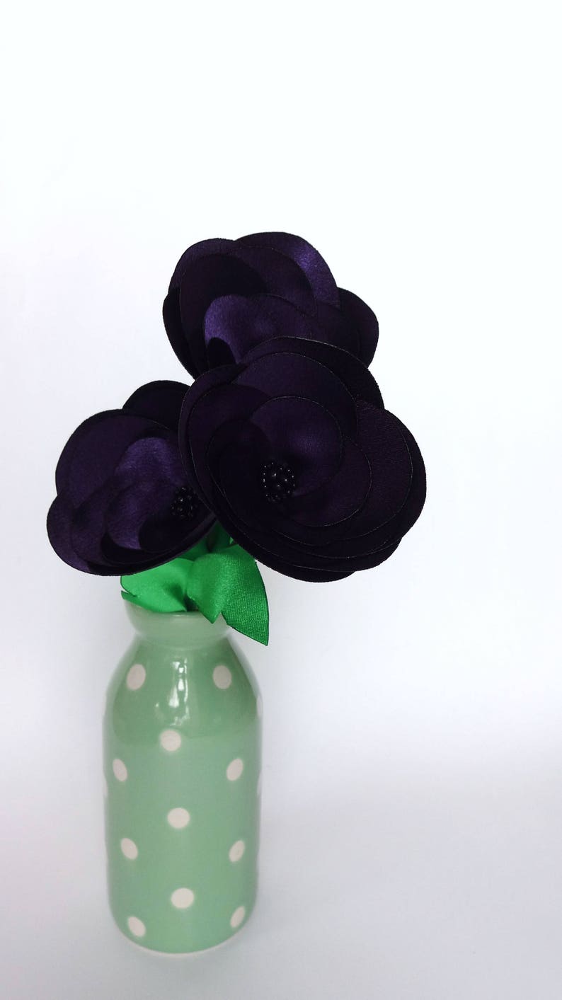 3 Eggplant Purple Fabric Flowers on Stems Bouquet Silk Etsy