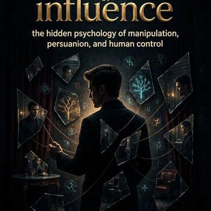 Pode incluir: Capa do livro "Shadows of Influence" com uma estética sombria. O título está em letras douradas acima do subtítulo: "a psicologia oculta da manipulação, persuasão e controlo humano". Um homem de fato é a figura central.
