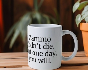 Zammo não morreu. Caneca Grange Hill memento mori aceitação da morte cultura pop geração x