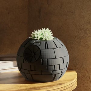 May include: A dark grey, spherical planter with a Death Star design, holding light green succulents. The planter is on a wooden surface, with a brown background. The design features detailed paneling and a circular emblem.