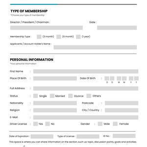 Op de afbeelding: Een aanvraagformulier voor communitylidmaatschap met een turquoise en wit ontwerp. Het formulier bevat secties voor persoonlijke informatie, lidmaatschapstype en aanvragergegevens. Het logo van Aldenaire & Partners staat linksboven.