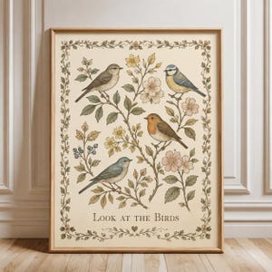 Op de afbeelding: Een ingelijste verticale kunstprint op een crèmekleurige achtergrond met vier vogels op bloeiende takken. De illustratie bevat een roodborstje, een pimpelmees en twee andere vogels, omringd door een bloemenrand met de tekst Look at the Birds.