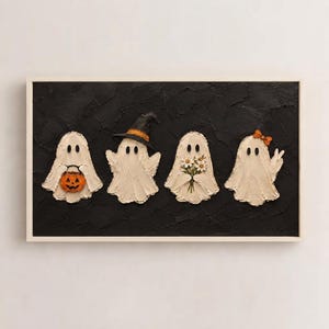 May include: A rectangular wall art piece featuring four textured white ghosts on a black background. The first ghost holds an orange jack-o'-lantern, the second wears a black witch hat, the third holds white flowers, and the fourth wears an orange bow.